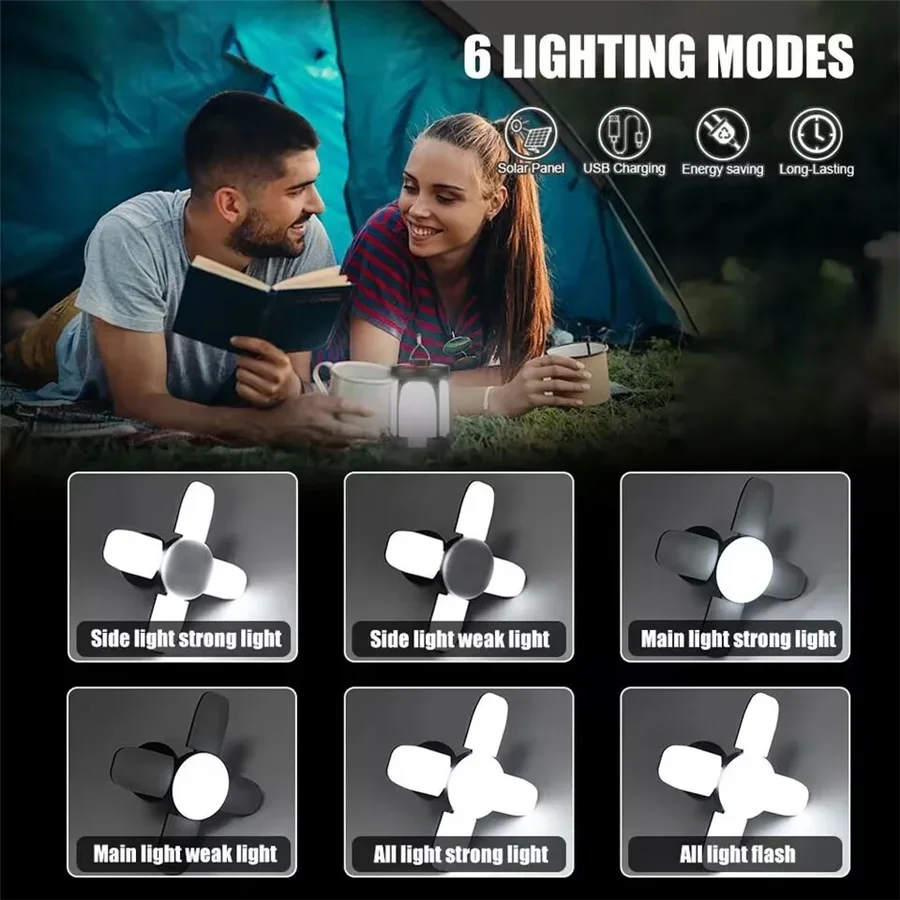 Portable Solar LED Camping Lantern Rechargeable Outdoor Emergency Power Bank Foldable 6 Light Mode Camping Hiking Lamp with Hook camping lantern