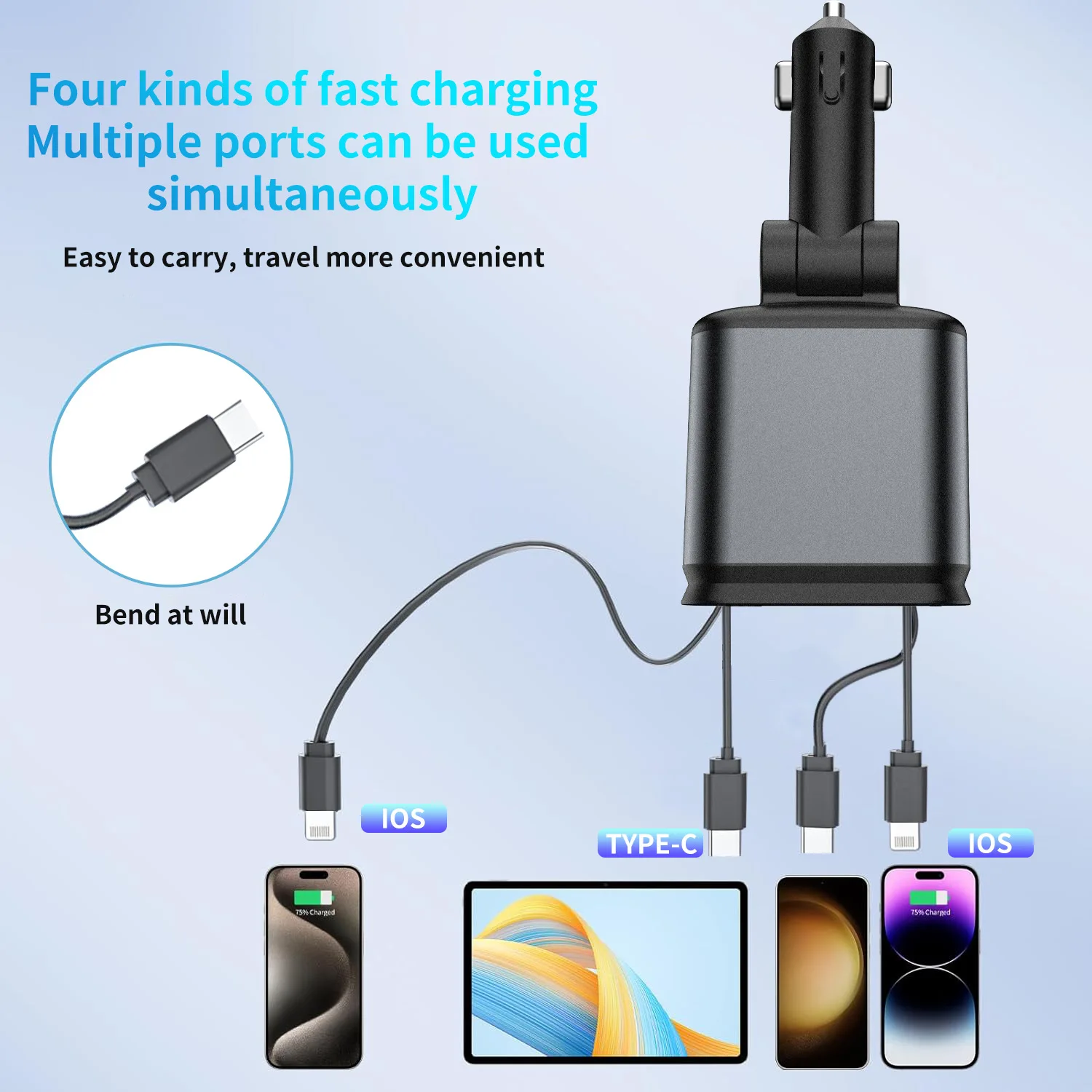 Auto Gadgets Einziehbares Auto Ladegerät 4 In 1, 131W Zigarettenanzünder USB Magic John