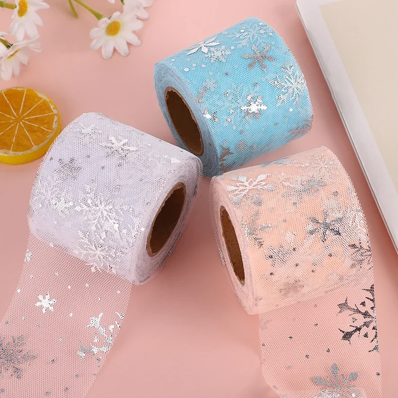 

8cm 25Yards Snowflake Printed Tulle Mesh Ribbon for DIY Sewing Garment Hair Clips Tutu Skirt Handmade Craft Fabric Supplies