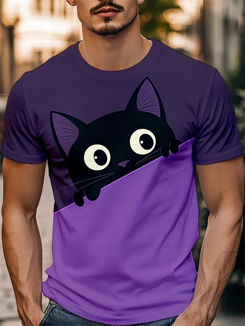 Herren-T-Shirt mit Aufdruck „Lila schwarze Katze“, niedliches, kurzes, kurzärmliges, lässiges Streetwear-T-Shirt mit Rundhalsausschnitt und atmungsaktivem Design
