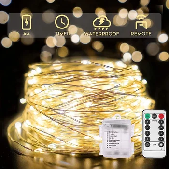 LED 구리 와이어 스트링 조명, 배터리 작동, USB 작동, 원격 방수 페어리 스트링 조명 장식, 8 가지 모드, 50, 100/200