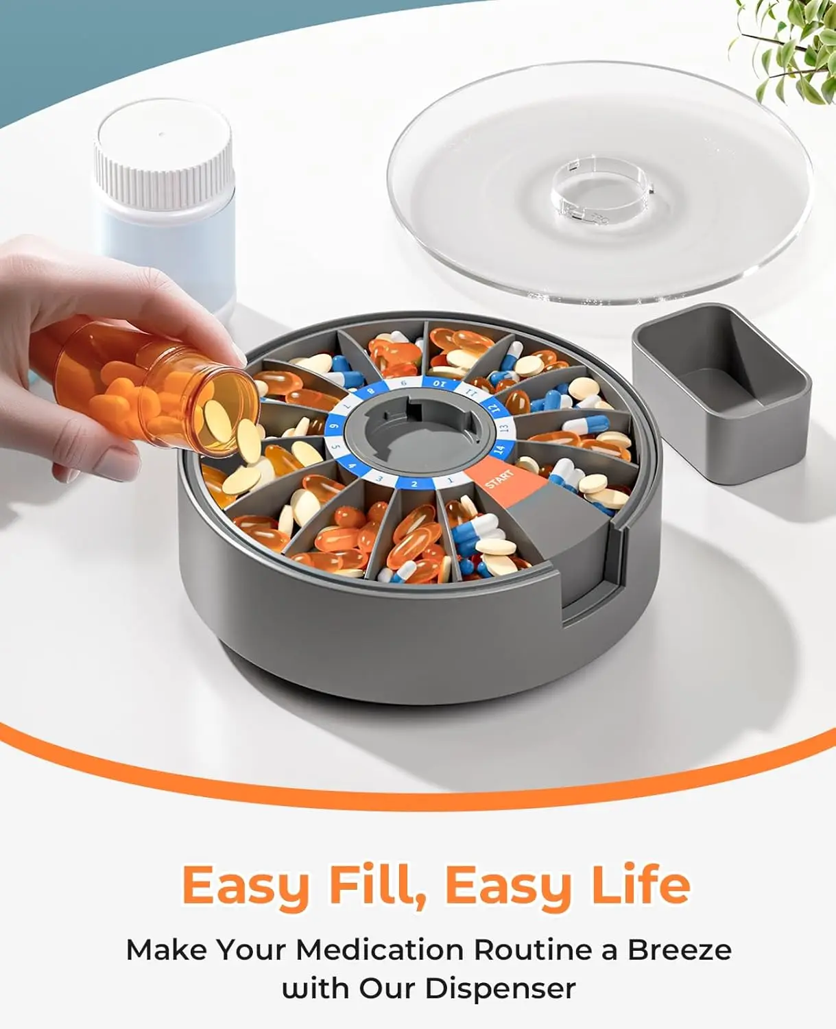 2-Week Wall-Mountable Large Push Button Pill Dispenser Box for Vitamins and Supplements, Gray