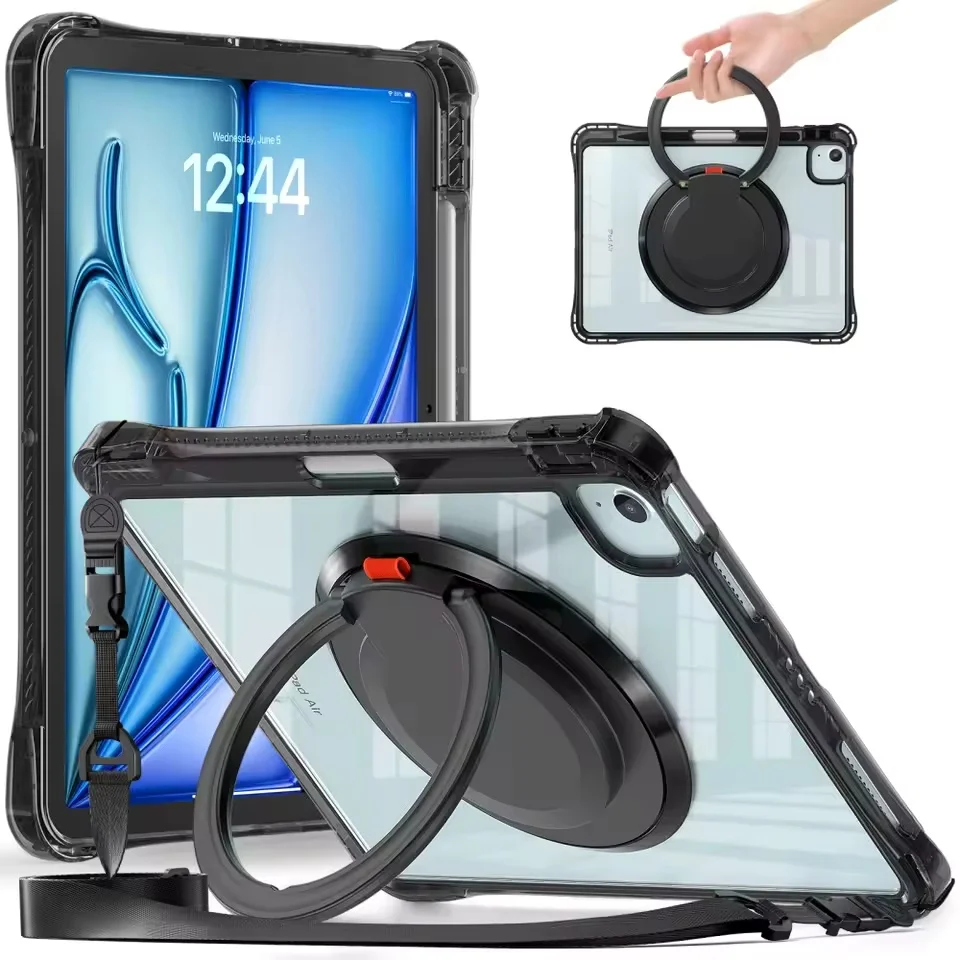 Versatile Clear Shockproof Tablet Case with Handle, Rotary Stand, Magnetic Pen Slot, and Strap