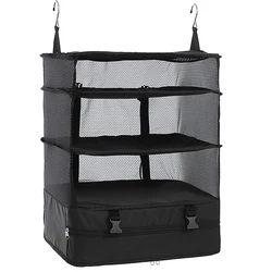 Portable Travel Luggage Organizer with Collapsible Hanging Shelves (Black)