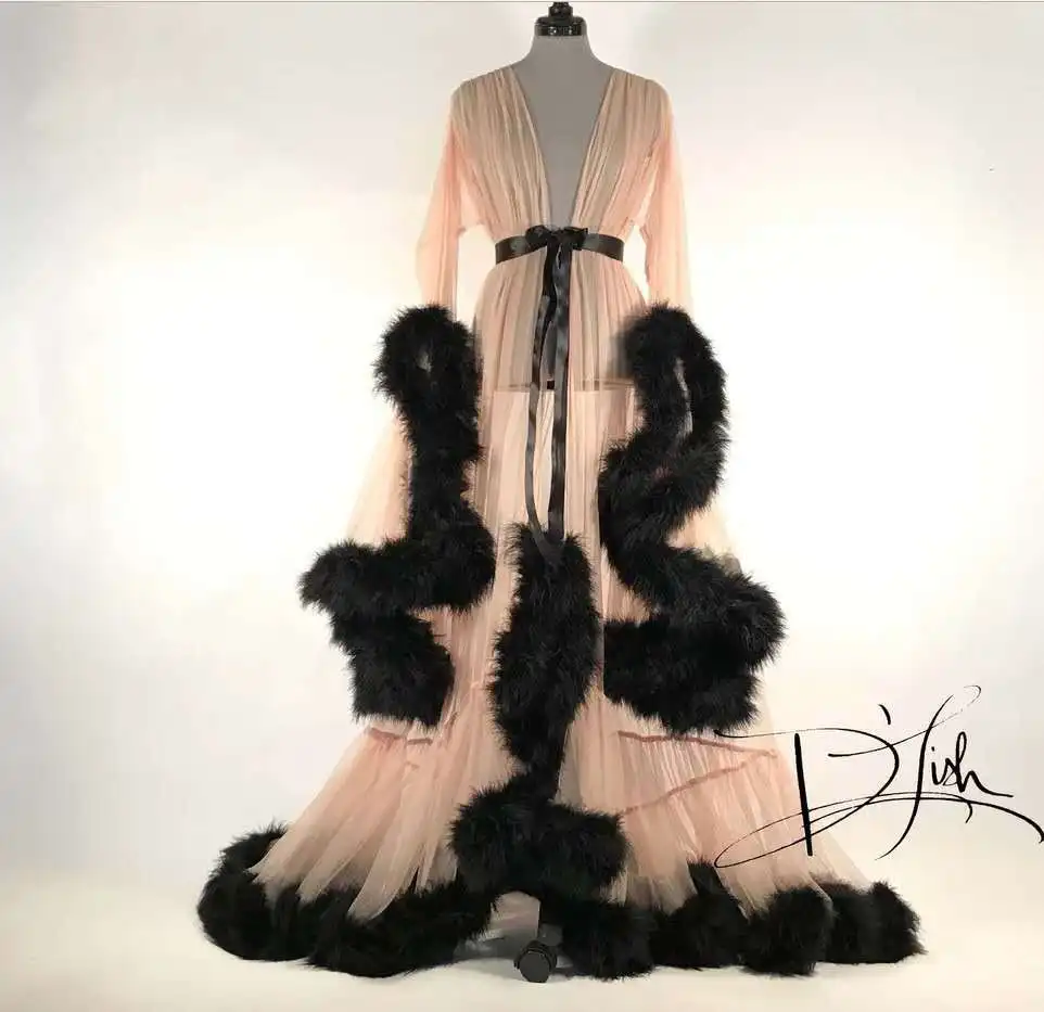 

Sexy Lingerie Robes Perspective Robe with Feathers for Women Trumpet Sleeve Trailing Dress Nightgown See Through