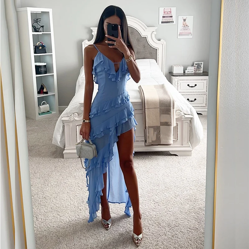 

Sexy Ruffle Thigh High Split Maxi Dress For Women Robe Spaghetti Strap Sleeveless Boho Holiday Dress Irregular Solid Color Dress