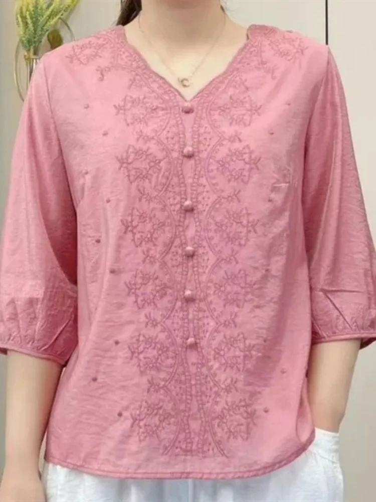 

Summer New in V-Neck Fashionable Casual Loose Solid Color Top Oversized Women's Cotton Pullover Elegant Short Sleeve T-Shirt