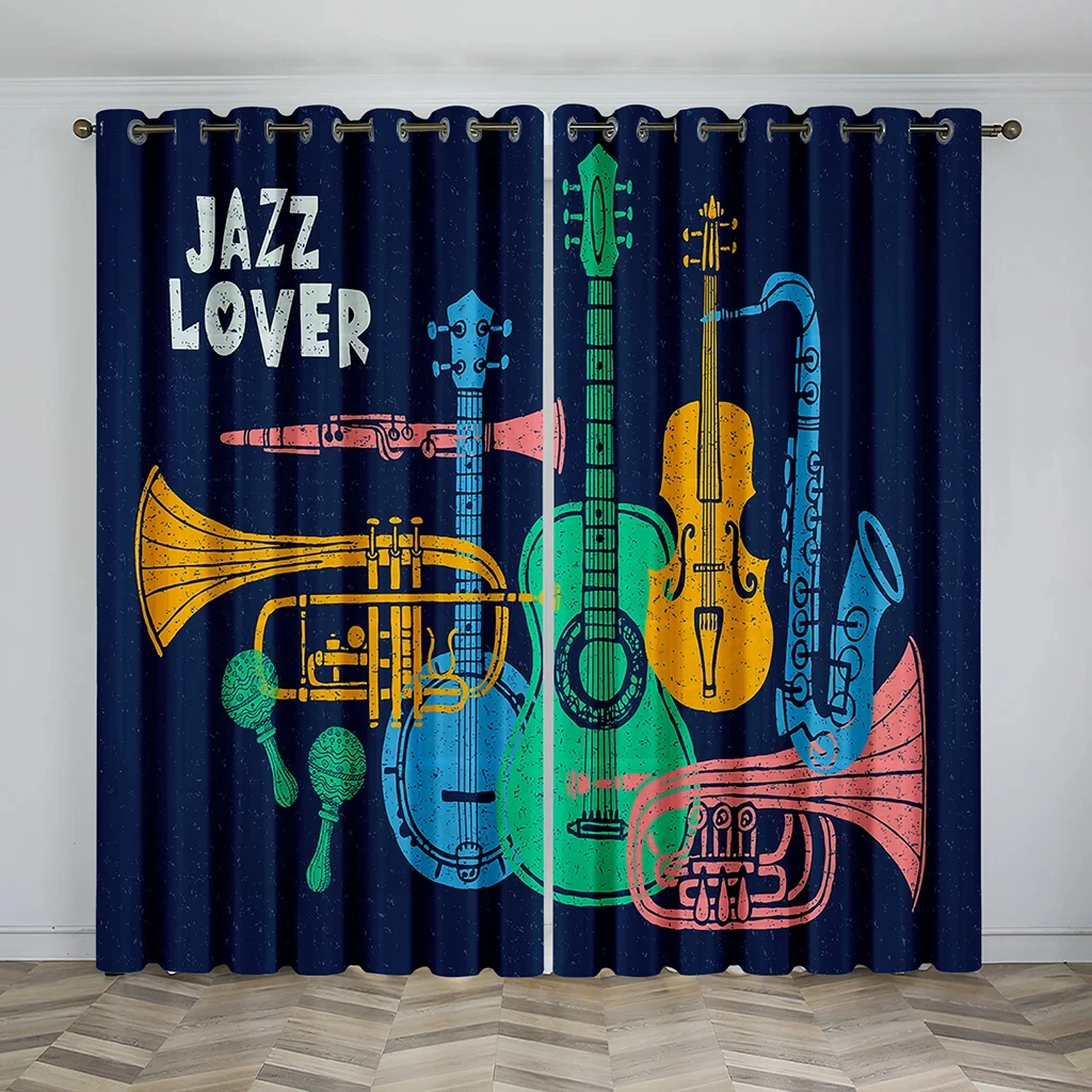 Music Stage Electric Guitar Shelf Drum Instrument Design Sunshade Curtains Living Room Bedroom Home Decoration Thin Curtains 3