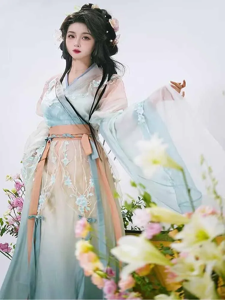 Chinese Hanfu Dress Women Traditional Vintage Hanfu Cosplay Costume Gradient Blue Hanfu Dress Birthday Party Dress Plus Size