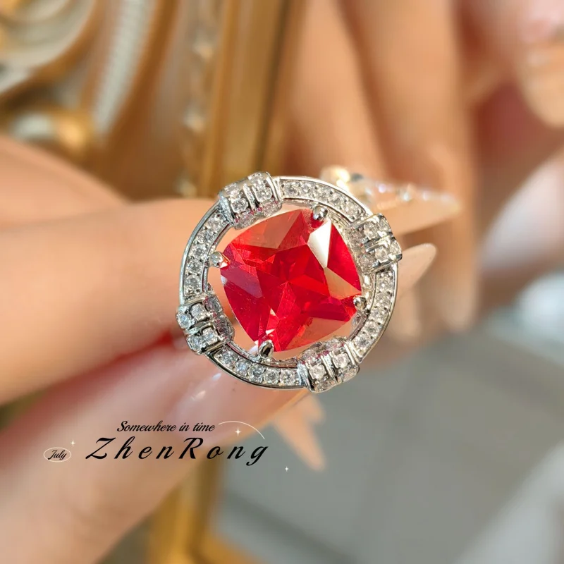 Luxurious Blood Red Corundum Ring - Elegant Simulated Diamond Jewelry