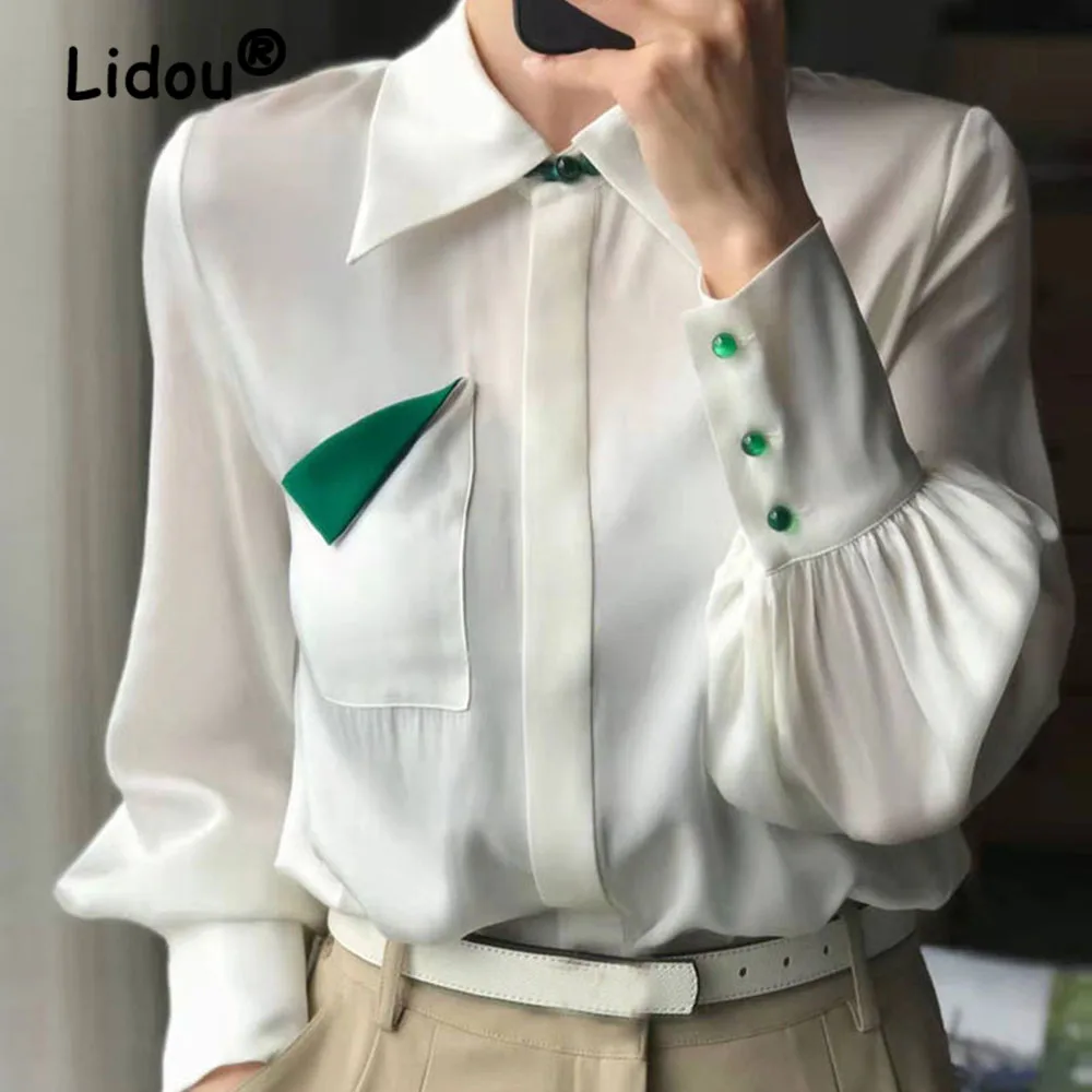 Women Spring Fashion Blouses Lapel Long Sleeve Loose Women's Clothing Pocket Chic White Urban Office Lady Elegant Cardigan Shirt