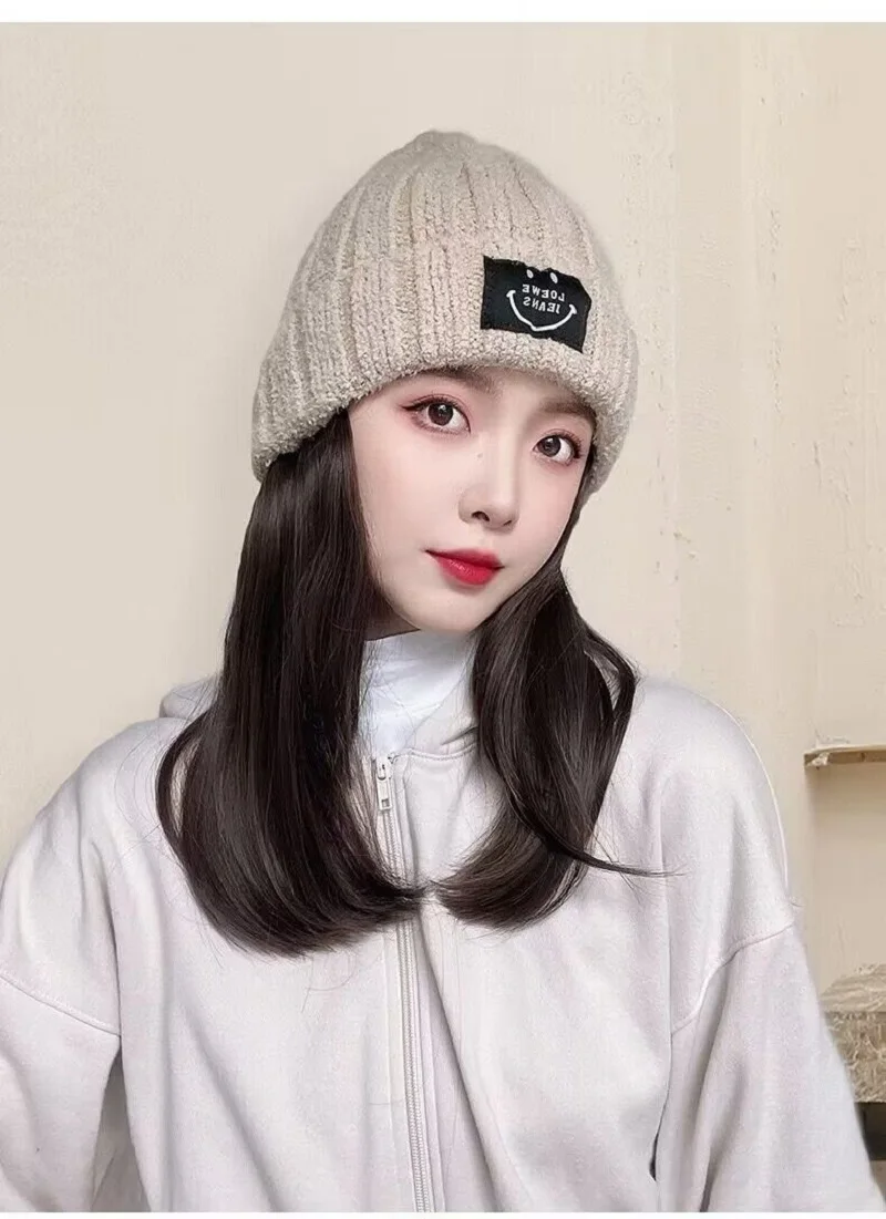 

Winter Womens Smiley Knitted Hat With Short Straight Hair Set