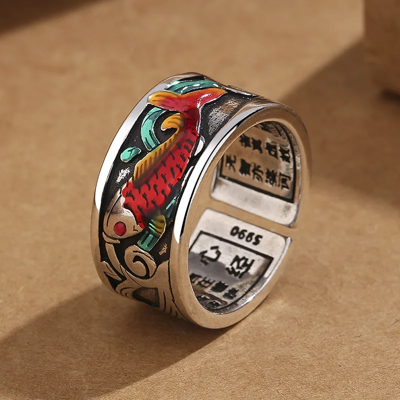 Retro Ethnischen Stil Emaille Karpfen Ring Weiblichen Zeigefinger Zubehör Persönlichkeit Buddhistischen Sutras Segen Frauen Schmuck Ring
