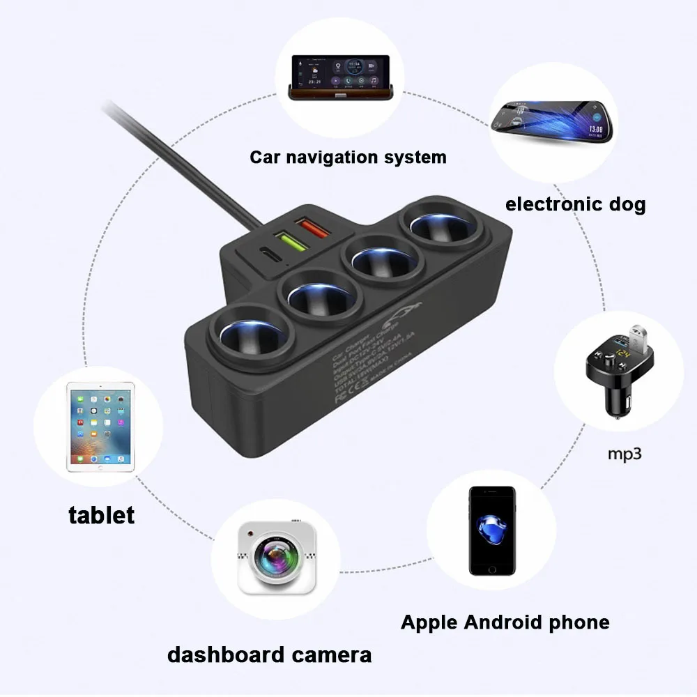 Black ABS Car Phone Charger Cigarette Lighter Adapter with QC3.0 and PD