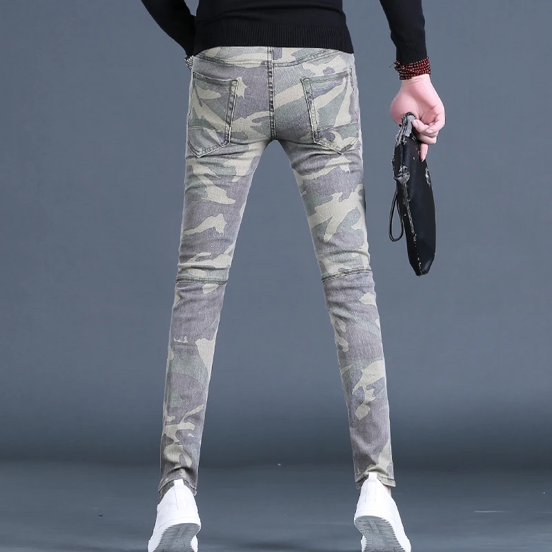 Autumn Men's Camouflage Jeans Casual Slim Fit Straight Leg Pants Streetwear Fashion Cotton Army Green Denim Trousers CP2071