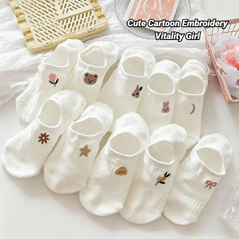 10 쌍 양말 발가락 여성용 면화 발목 스타킹 여름 통기성 다목적 흰색 귀여운 만화 패턴 수 놓은 곰