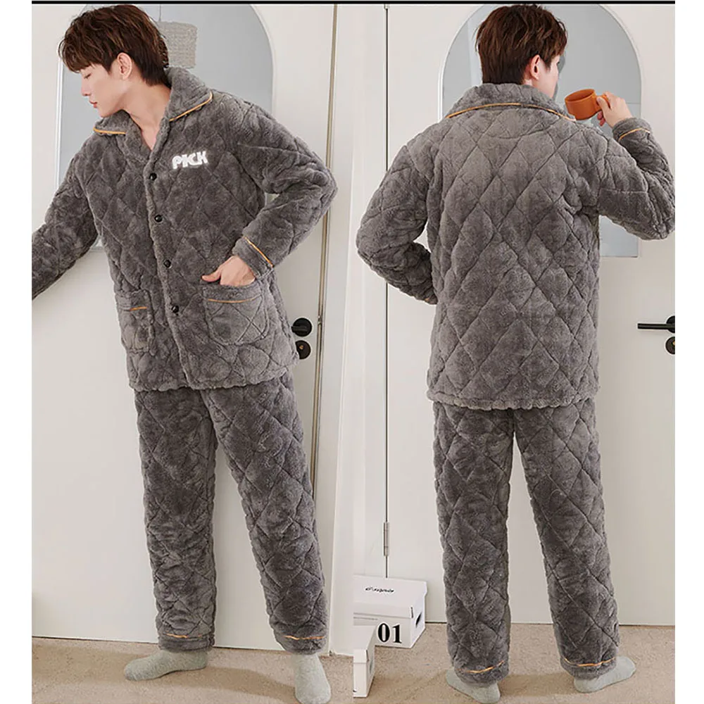 Men's 3-Layer Super Thicken Plush Winter Pajama Set Warm Flannel Sleepwear Suit Leisure Comfortable Solid Pijama Hombre Invierno