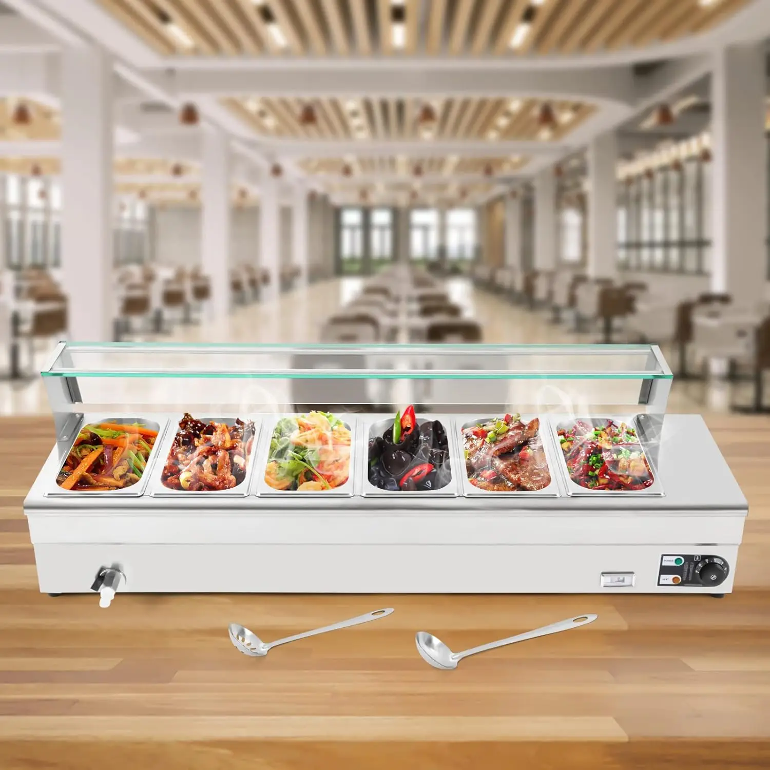6 Pan x 1/3 GN Food Grade Stainelss Steel Commercial Food Steam Table 6-Inch Deep 1200W Electric Countertop Food Warmer 19 Quart 2