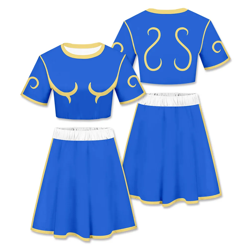 

Женский костюм для косплея Chun Li, летний костюм с футболкой и юбкой, костюм для костюмированной вечеринки на Хэллоуин