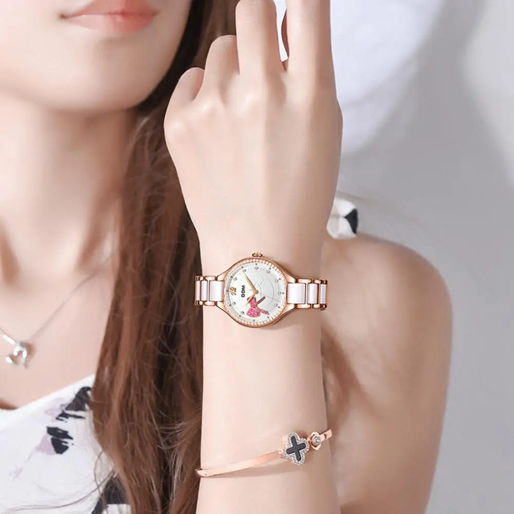 DOM Top Luxury Brand Ladies Quartz Watch Bracelet Ceramic Strap  Dress Geneva Quartz Clock Rose Gold Bow Luxury Ladies Watch