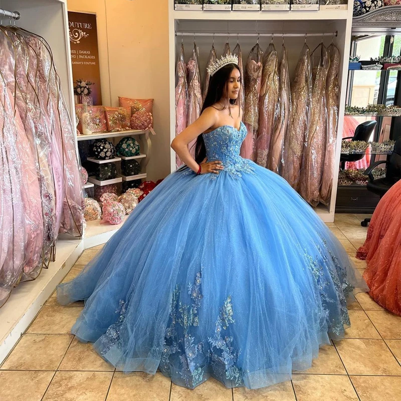 Quinceanera Dresses Blue Ball Gown 15 Party Glitter Tulle Applique Formal Masquerade Cinderella Birthday Gown