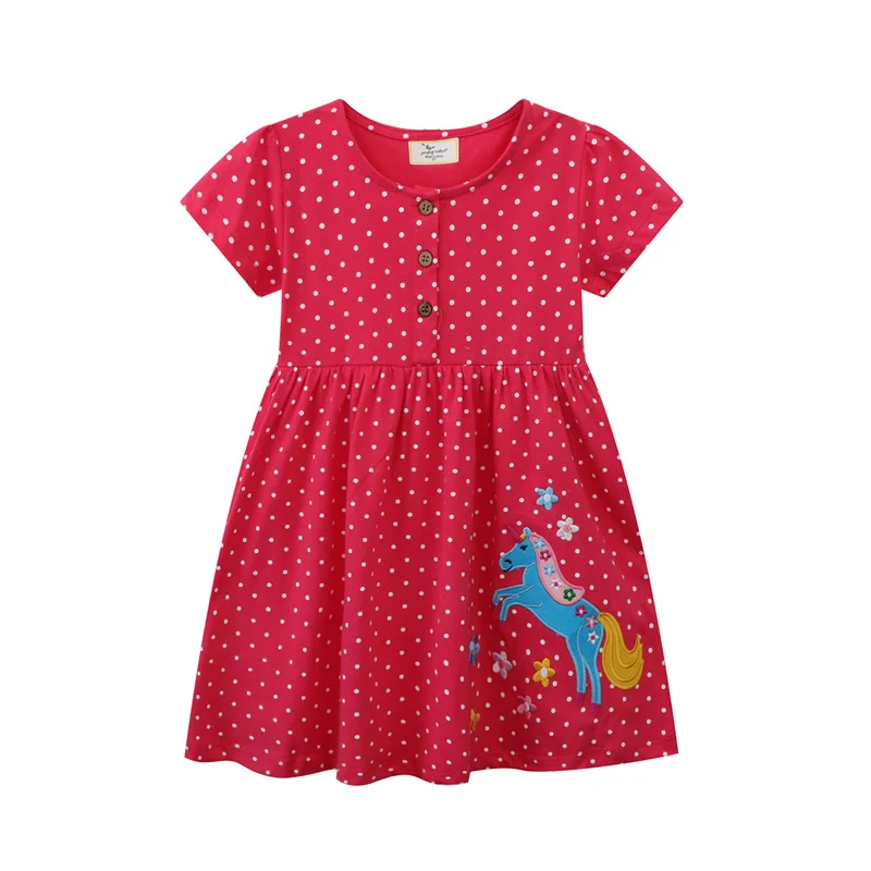 

Jumping Meters 2-7T Horse Applique Buttons Girls Dresses Short Sleeve Dots Party Children's Clothes Toddler Frocks Costume