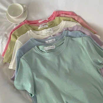 Women's Small Fresh Solid Round Neck Thread Short Sleeve T-shirt Korean Multi Color Basic Universal Slim Fit Top 1