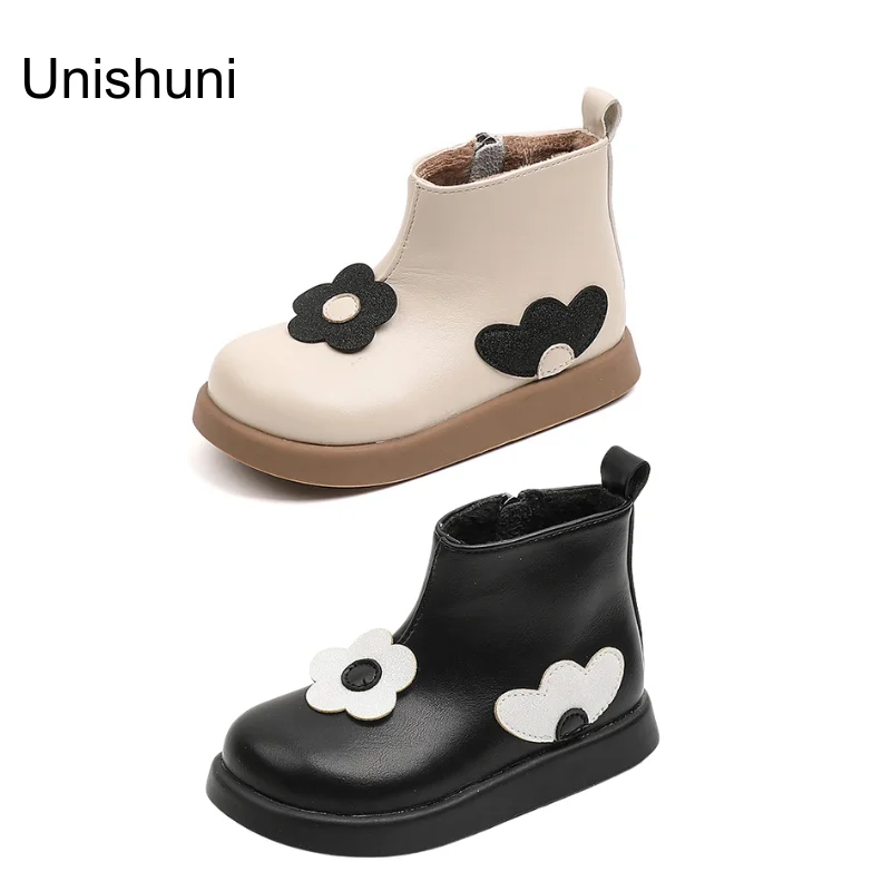 Unishuni Boots for Toddler Girls Child Ankle Boots with Chunky Sole Kids PU Leather Warm Winter Boot with Zip Baby Flower Bootie