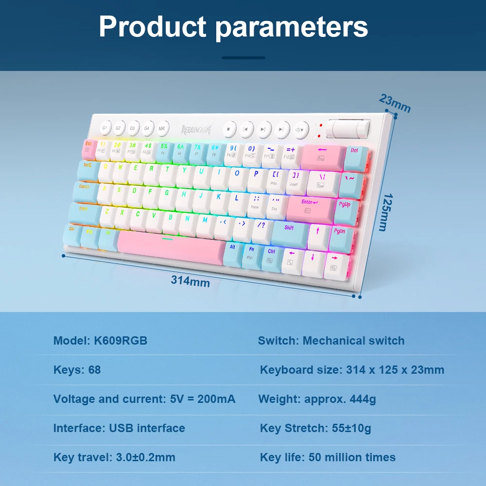 REDRAGON K609 RGB USB Mini Slim Ultra-Thin Wired Mechanical