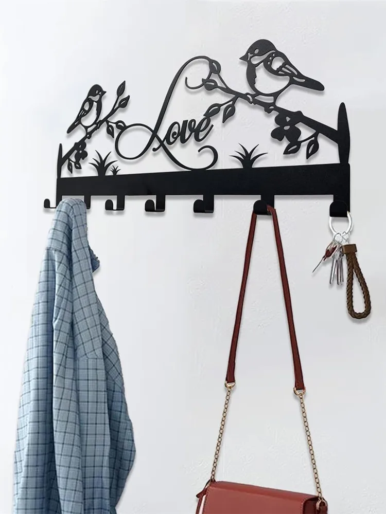 metal key holder wall hook organizer door entryway hallway kitchen wall decor rack 7 hooks Sweet couple love birds design hooks 2