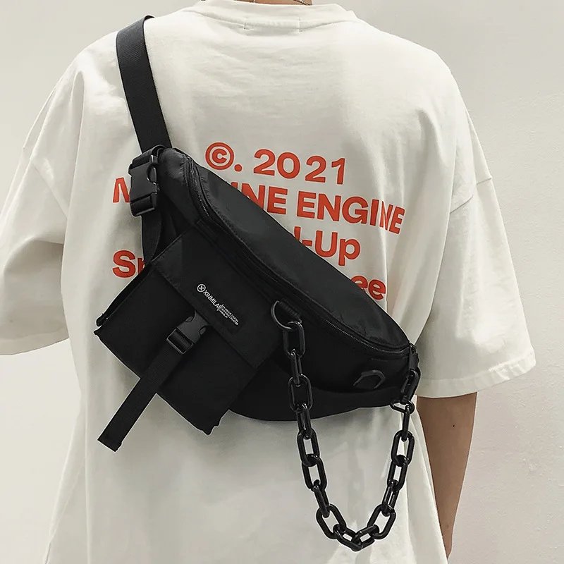 

Cool Black Chains Chest Bags for Men Trend Streetwear Men's Waist Bag Unisex Large Capacity Purse Belt Bag Nylon Fanny Pack 2021