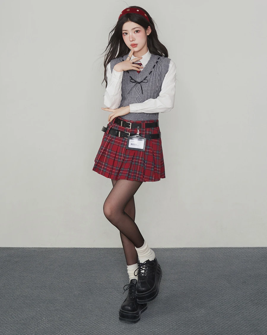 Preppy Style Korean Uniform Set Girls 4 Colors Knitted Vest Sweater Autumn Summer White Shirt Belt Pleated Skirt Red Plaid Retro