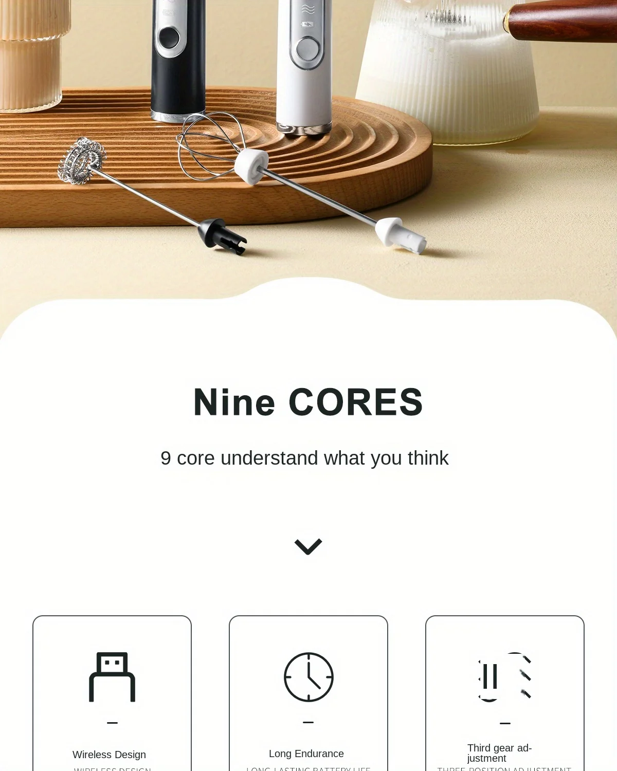 Description Picture 3 of itemMilk Frother Rechargeable Handheld Electric Whisk Coffee Frother Mixer with 3 Stainless whisks 3 Speed Adjustable Foam Maker Ble