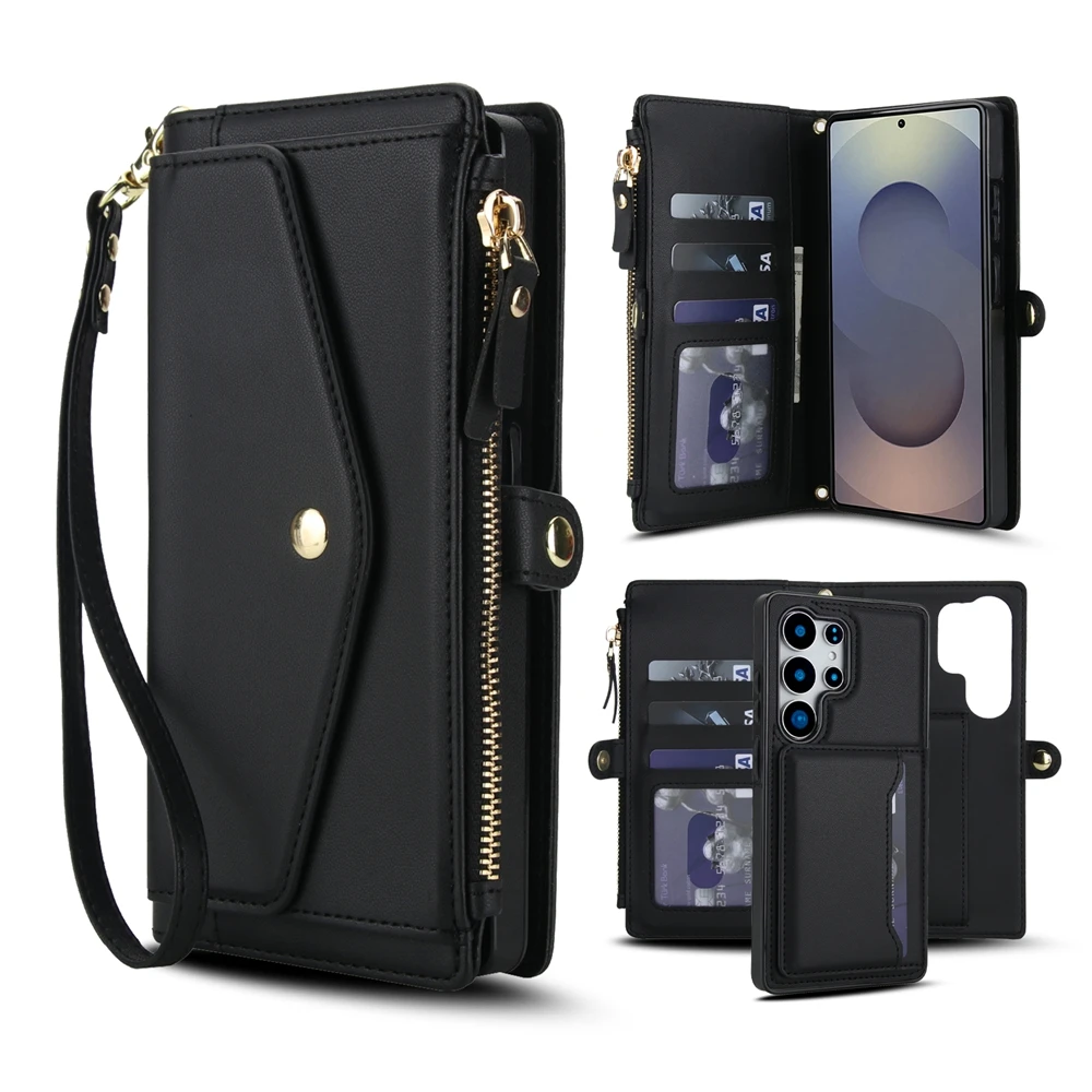 Premium 2-in-1 Lanyard Zipper Leather Wallet Phone Case and Purse Cover