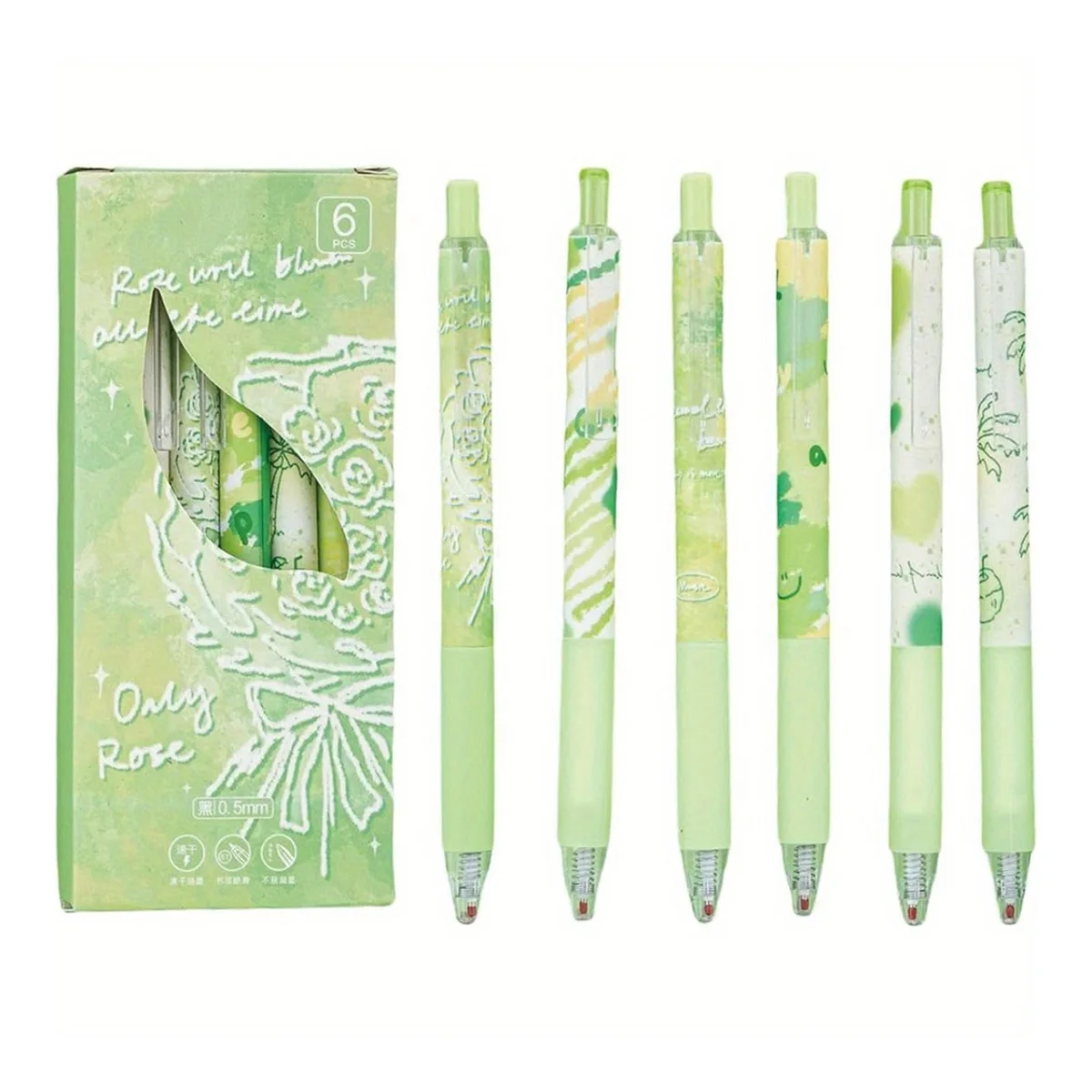 6pcs/set Black Ink Press Gel Pen ST Tip Good-looking Press Pen For School Office And Home for Girls Boys Women Men (Green) 6