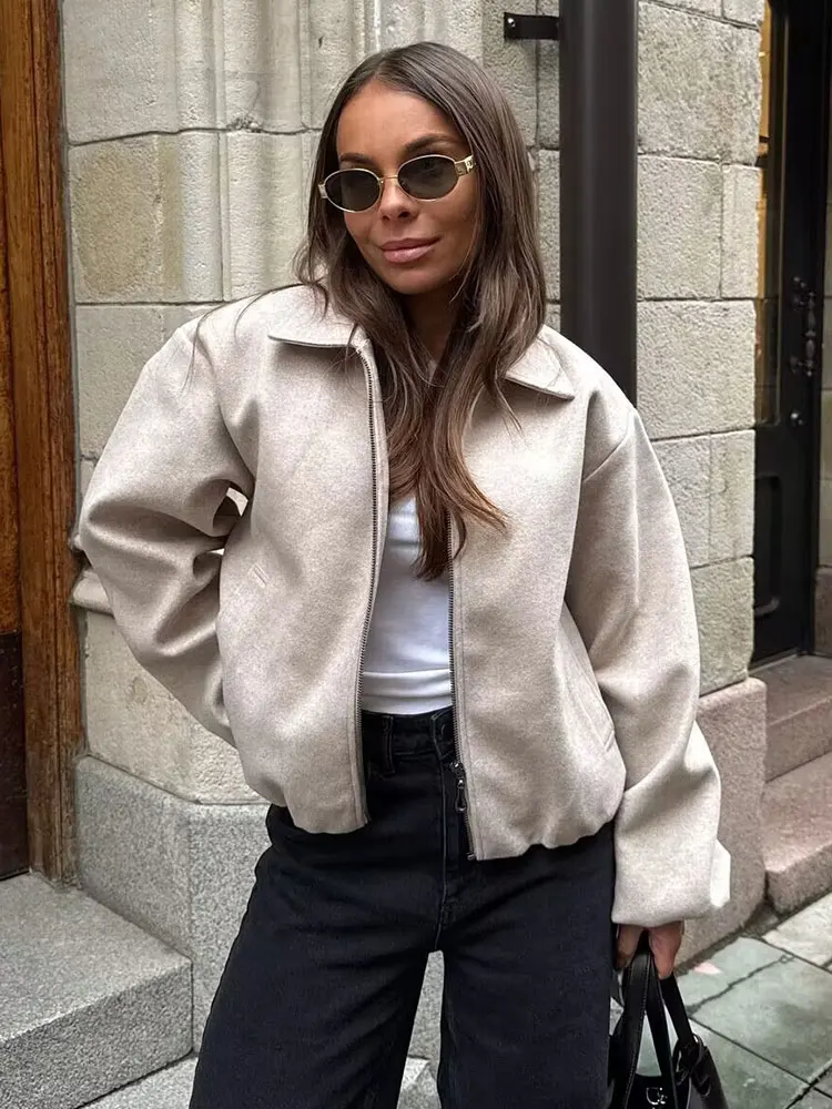 HH Women Casual Solid Short Coat Turn Down Collar Long Sleeve Zipper Jacket Fashion 2025 Autumn Office Lady Basics Outerwear