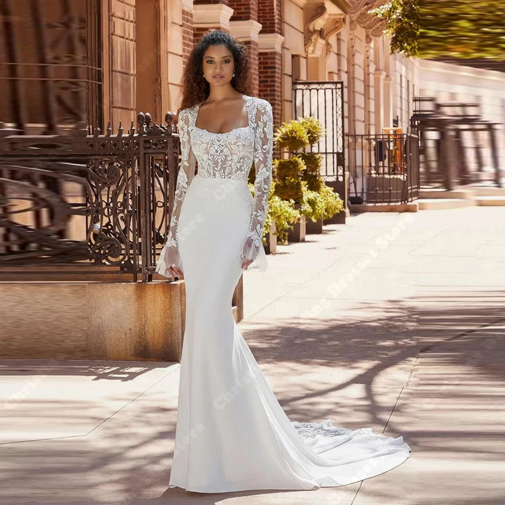 Elegant Long Sleeves Women Wedding Dresses Lace Printing Mermaid Wedding Gowns Mopping Length Ball Vestidos De Novias Customized 4