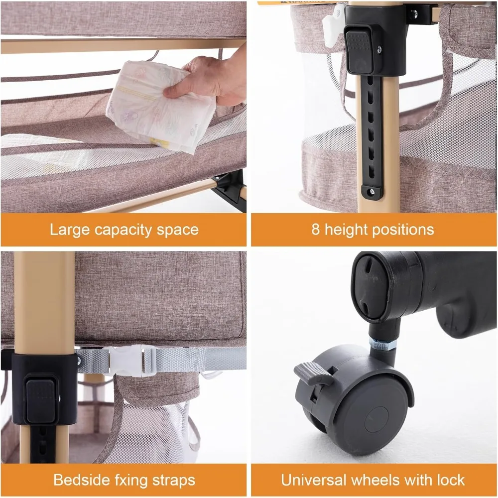 Baby Crib,3 in 1 Baby Bassinet Bedside Crib Adjustable Portable Bed for Infant,Baby Newborn Must Have Bed,Khaki 3