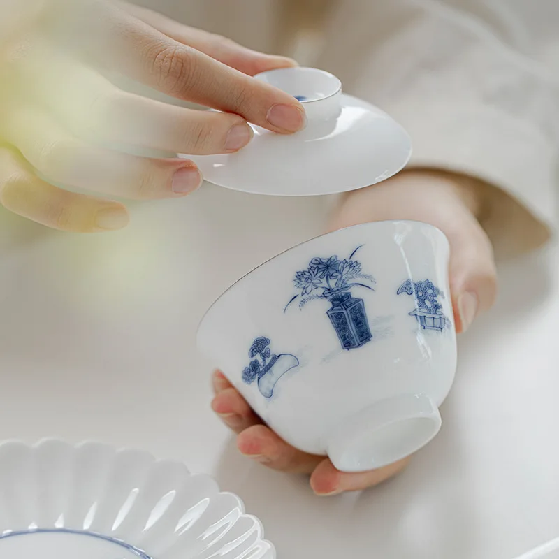 Sweet White Cover Bowl White Porcelain Sancai Cover Bowl Ceramic Kung Fu Tea Set Gaiwan Tea