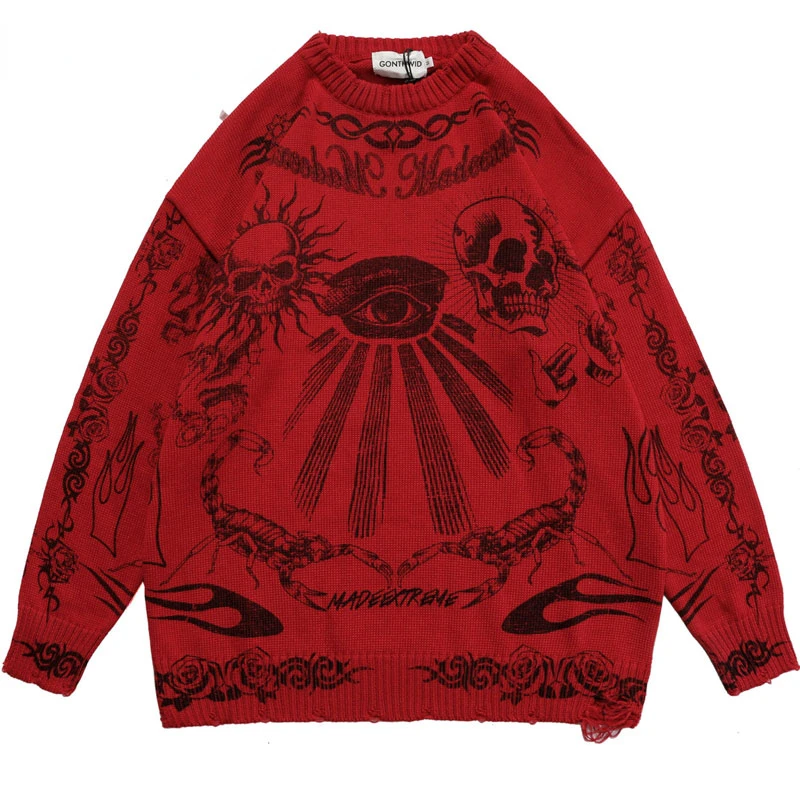 

Hip Hop Gothic Oversized Sweater Knitted Streetwear Vintage Skeleton Skull Rose Print Ripped Punk Pullover 2023 Harajuku Black