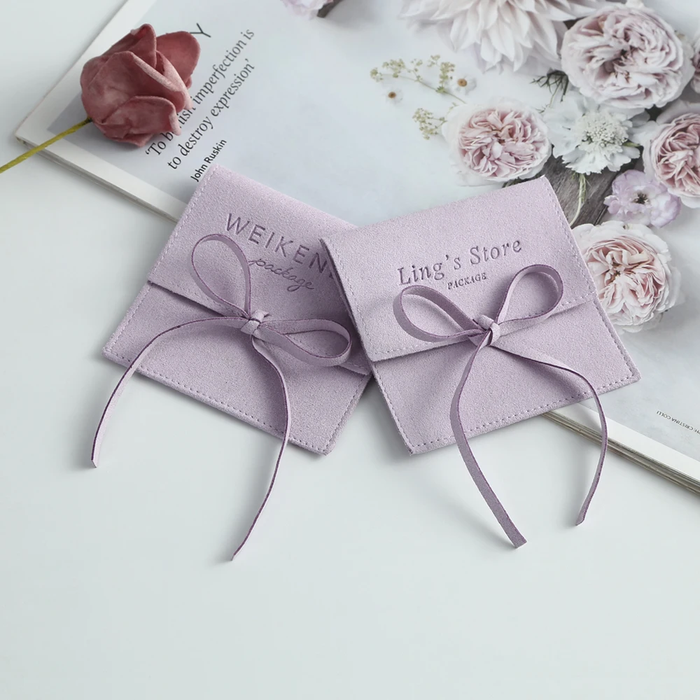 100pcs Envelope Pouches Purple Microfiber Jewelry Packaging Small Bag Ring Earrings Necklace Suede Storage Pouches Custom Logo