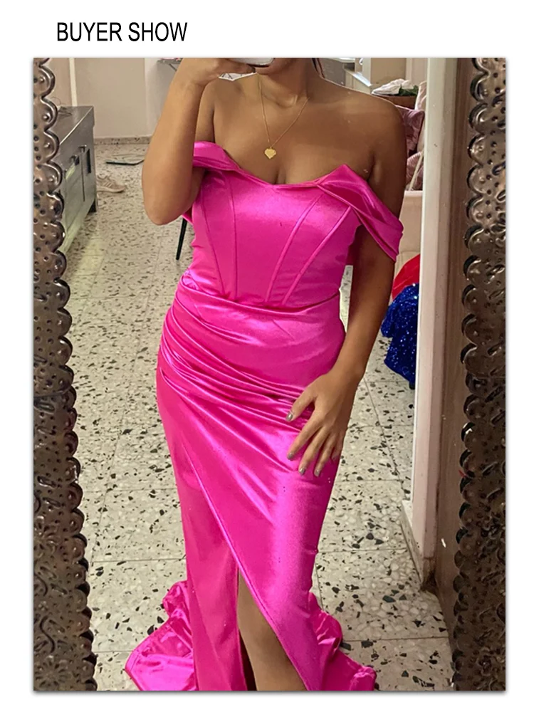 Romagic Fuchsia Off The Shoulder Strapless Bridesmaid Dress Padded Backless V Neck Pleated Satin Stretch Wedding Party Dresses