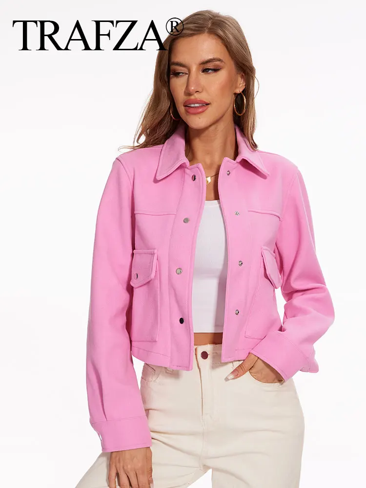 HH Women Elegant Pink Coat With Front Pockets Single Breasted Long Sleeve Jacket Casual Female Spring Autumn Solid Outerwear