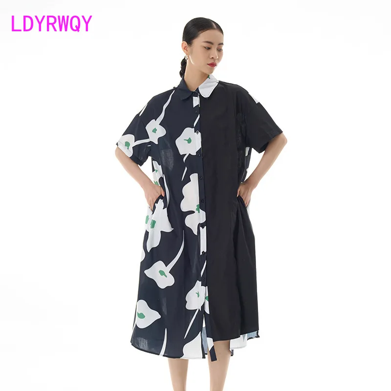 

Flower print short sleeved shirt skirt, 2024 summer new women's fashion versatile dress