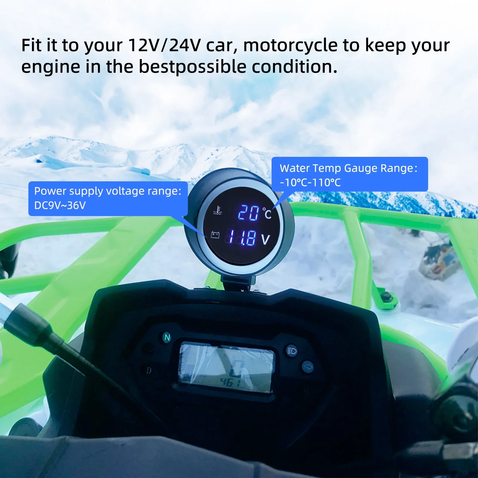 2 in 1 LED Voltmeter Digital Water Temp Gauge Temperature Sensor For 12V24V Car Truck