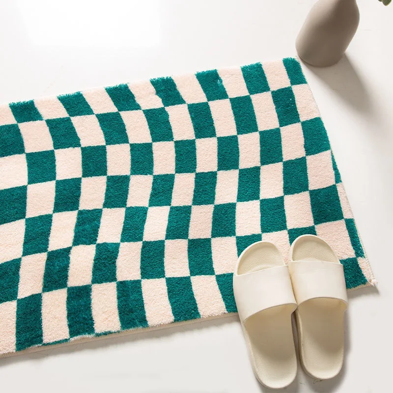 Tapis de Bain Rétro à Carreaux en Échiquier, Antidérapant, Absorbant, en Peluche, à la Mode, pour Zone Latérale de la Baignoire