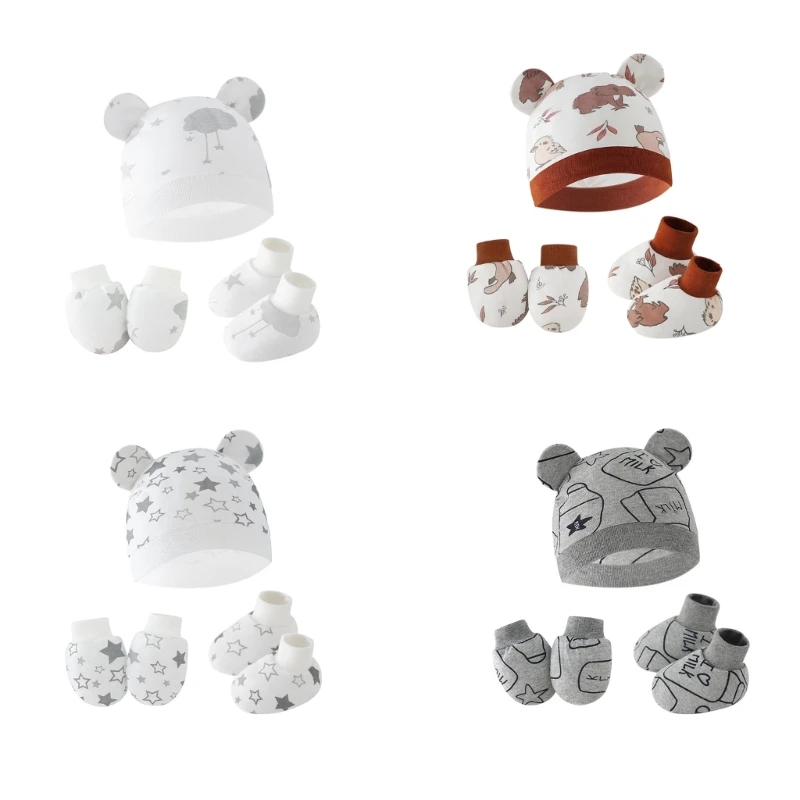 3pcs/set Cotton Newborn Cap with Anti Scratch Mittens and Foot Cover Infant Warm Headwear Baby Gloves with Socks Set 2