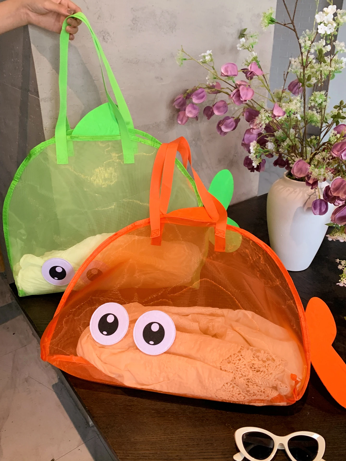 대용량 수영 가방 귀여운 물고기 그물망 숄더백 해변 수납 파우치 바다 도구 수납 메쉬 포켓 유니섹스 스포츠 피트니스
