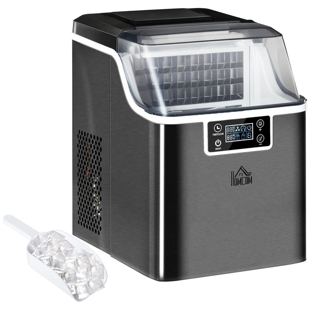 HOMCOM Machine à glaçons, 20 kg en 24h, 24 glaçons en 14-18 min, taille de glaçon réglable, ice maker portable avec fonction autonettoyante, peut charger seau d'eau, pour maison, cuisine, bar, noir 1