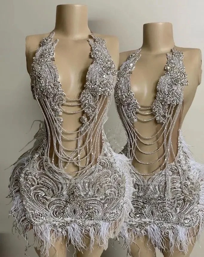 Silver Short Prom Dress Halter Rhinestone Bead Feather Mini Birthday Party Dress Cocktail Gown Graduation Customized